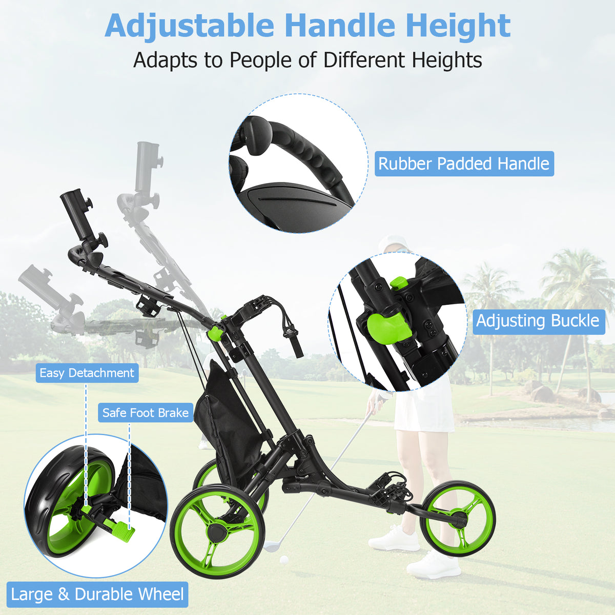 The golf trolley highlighting the adjustable handle, foot brake, and wheel details with labels