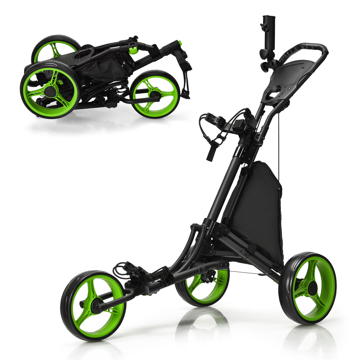 The golf trolley shown in both its fully assembled and folded positions against a white backdrop