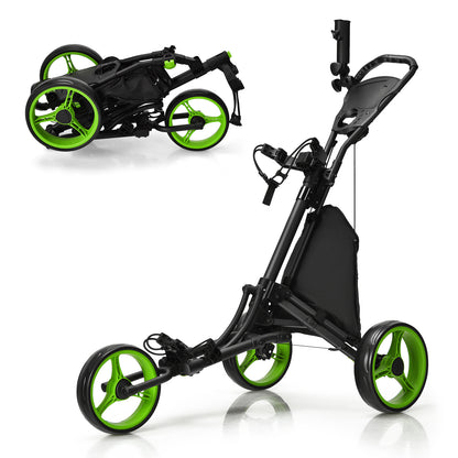 The golf trolley shown in both its fully assembled and folded positions against a white backdrop