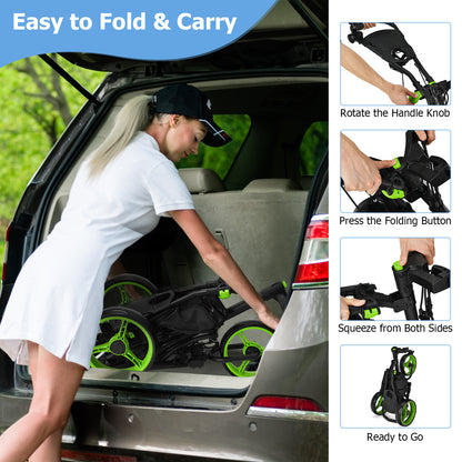 The golf trolley being placed into a car boot by a woman with folding steps shown on the side