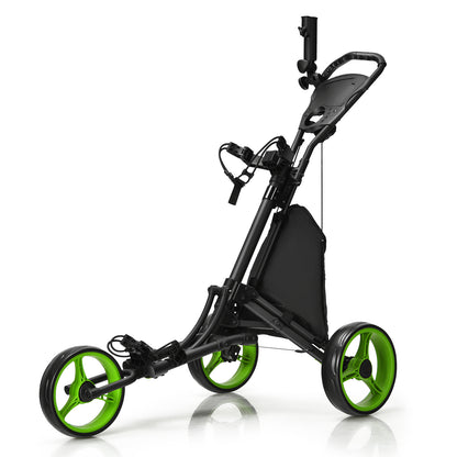 3 Wheel Golf Push Pull Cart in black with bright green wheel rims standing on a white background