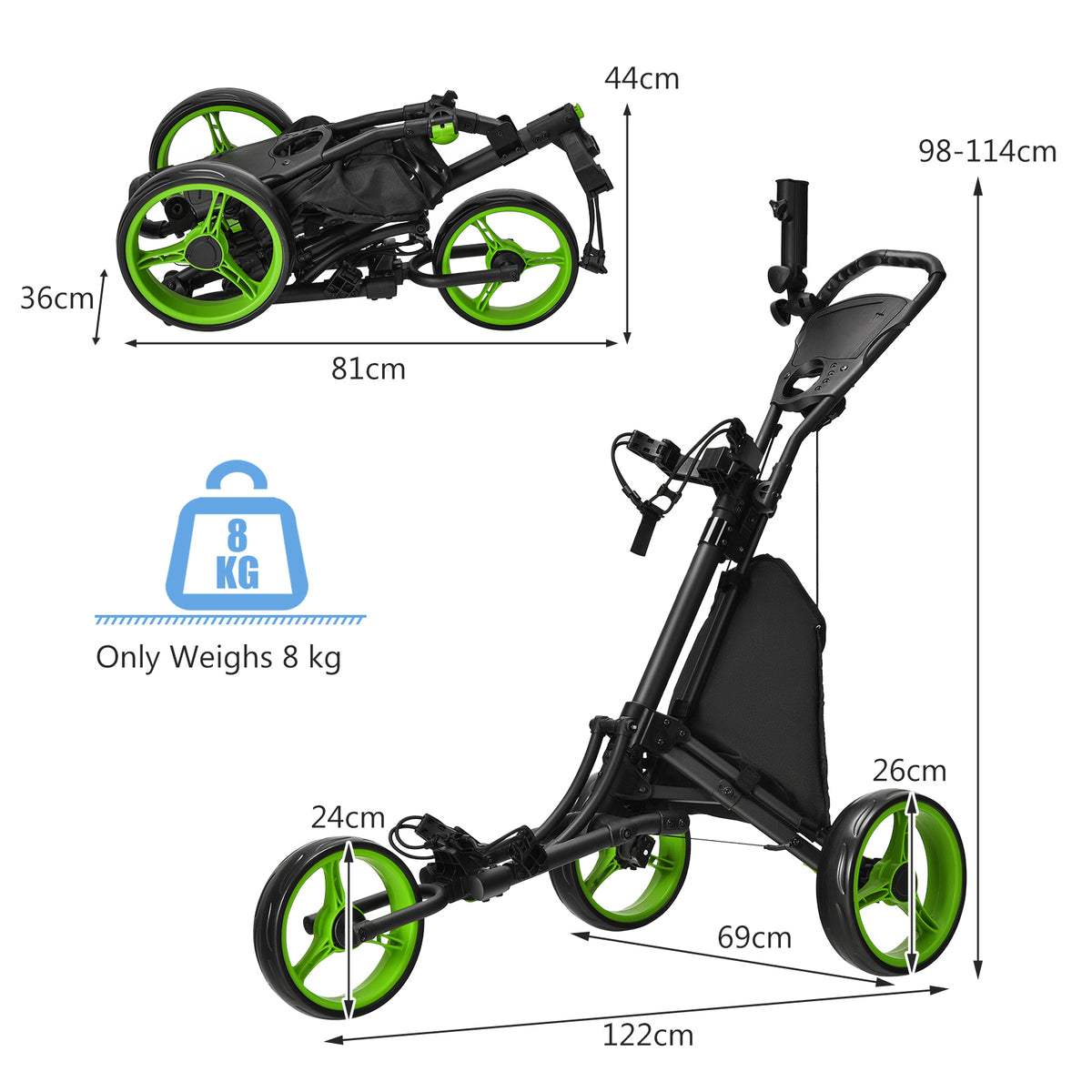 The golf trolley with technical lines and arrows showing the dimensions of the frame and wheels