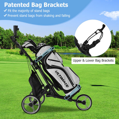 Close up of the upper and lower bag brackets on the golf trolley