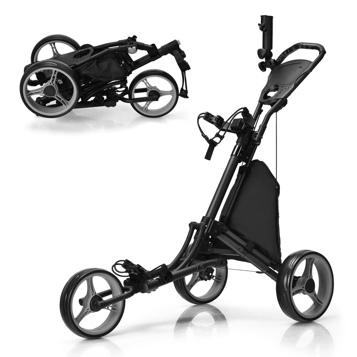The three wheel golf trolley folded and unfolded side by side