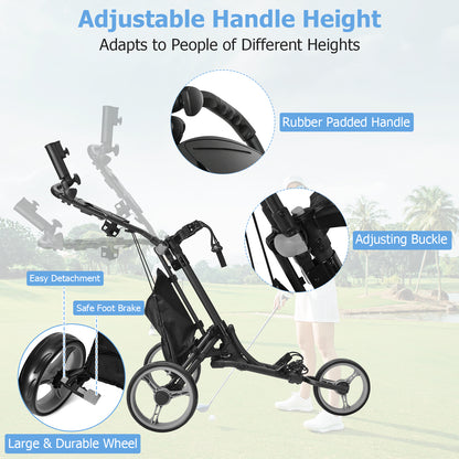 Close up of the adjustable handle and brake on the golf trolley