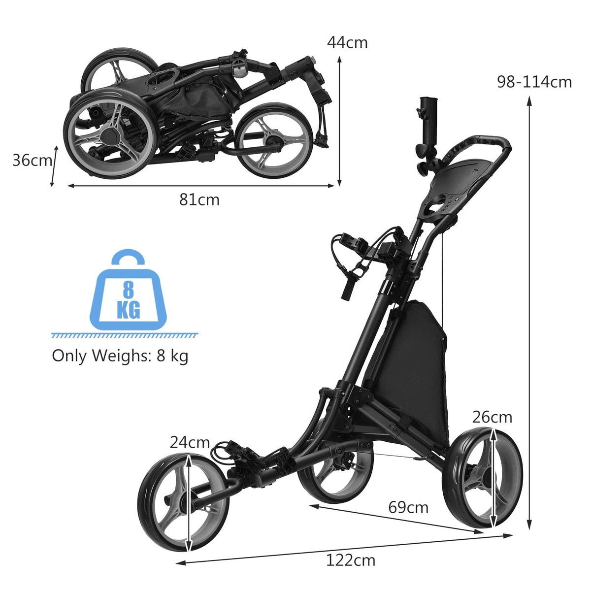 Size diagram of the grey three wheel golf trolley with dimensions and weight
