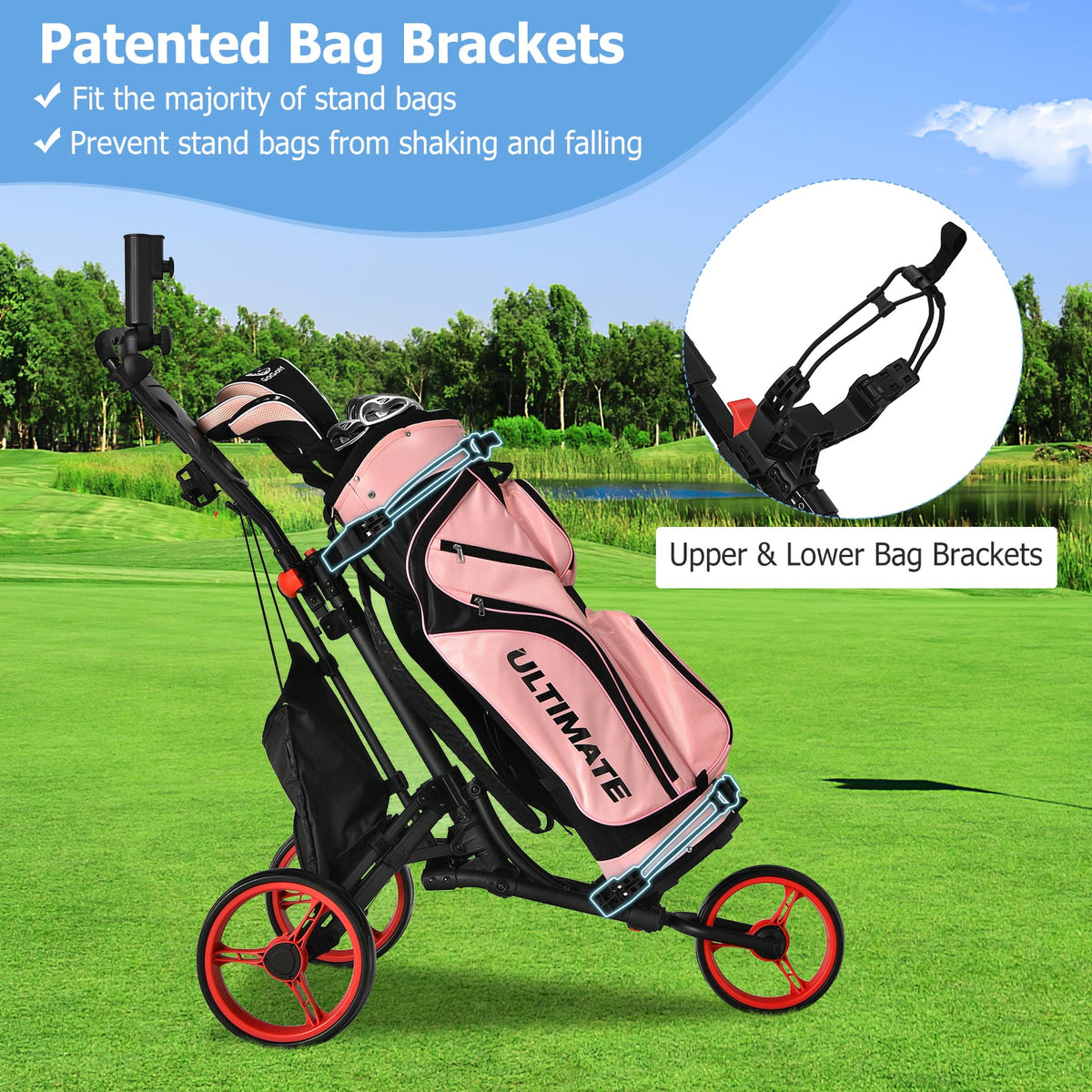 Close up of the golf cart bag brackets and adjustable handle