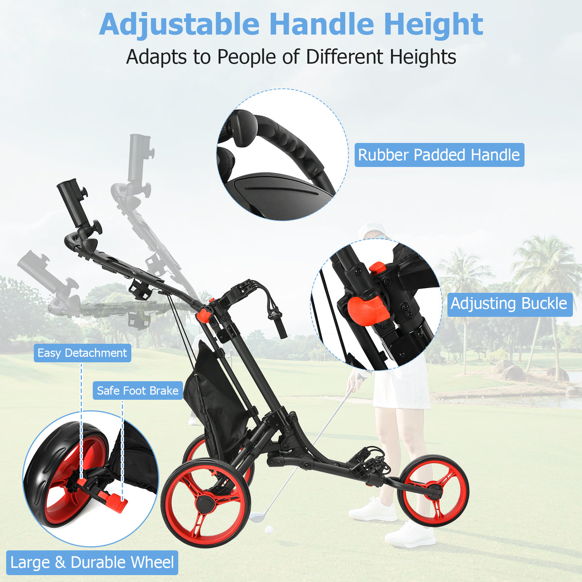 Close up of the golf cart features including handle and wheels