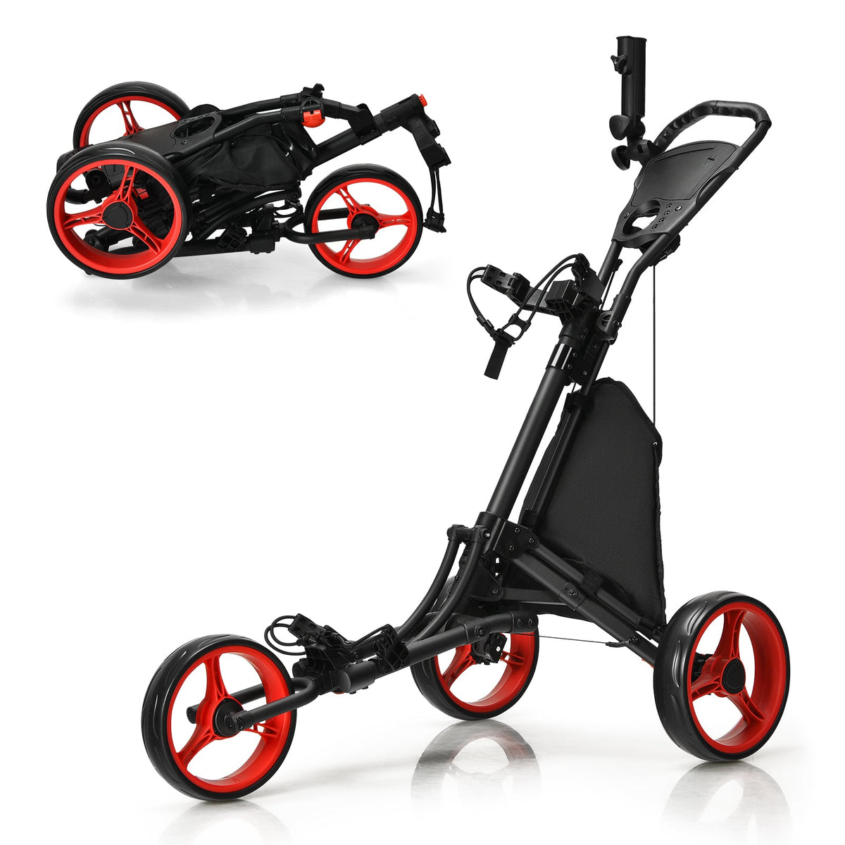 The golf cart shown both folded and unfolded