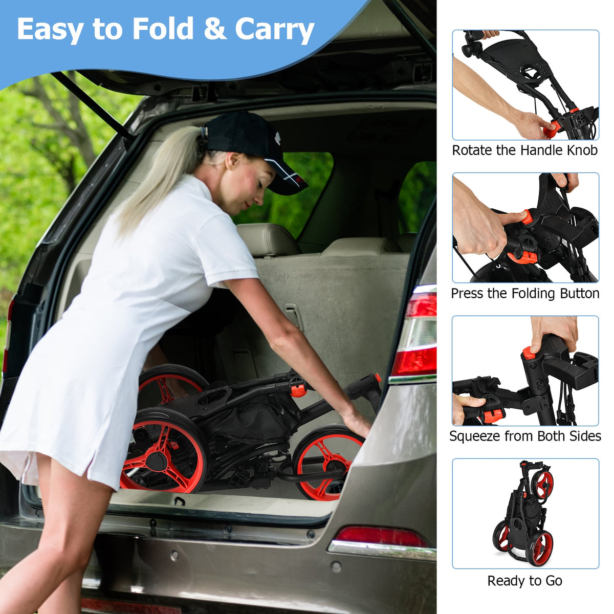 Woman folding the golf cart to put in a car boot