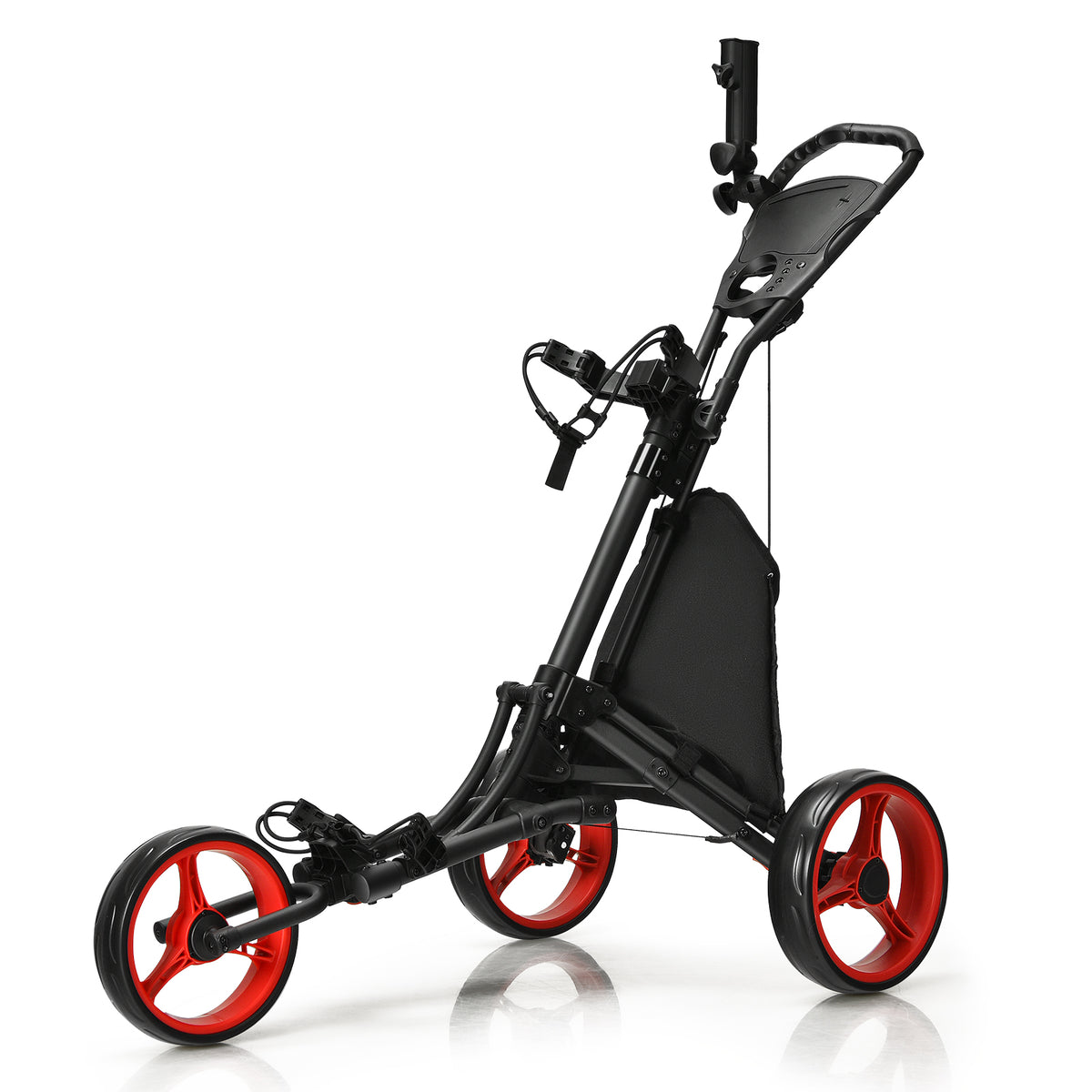 3 Wheel Golf Push Pull Cart with adjustable height handle in red and black
