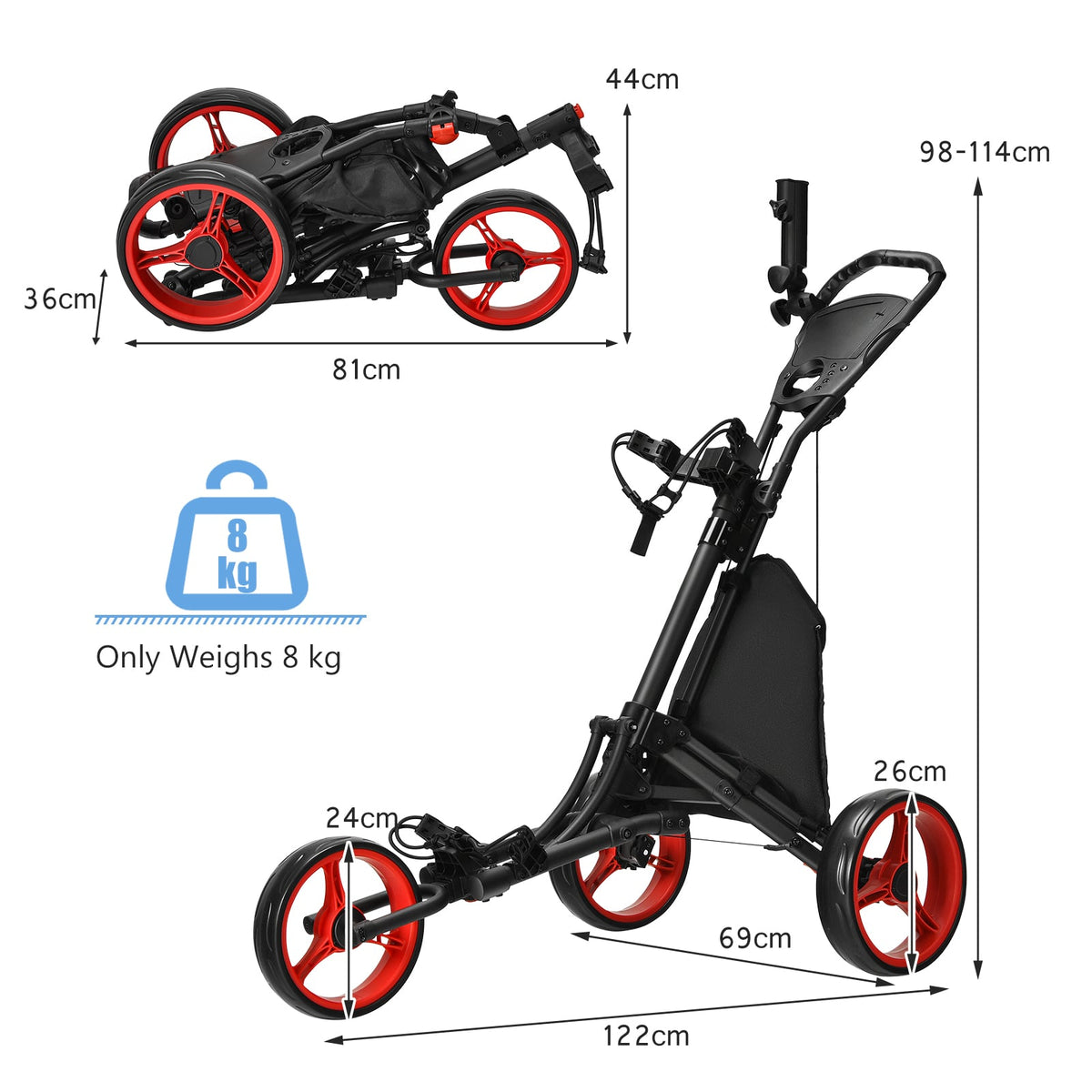 Diagram showing the dimensions and weight of the golf cart