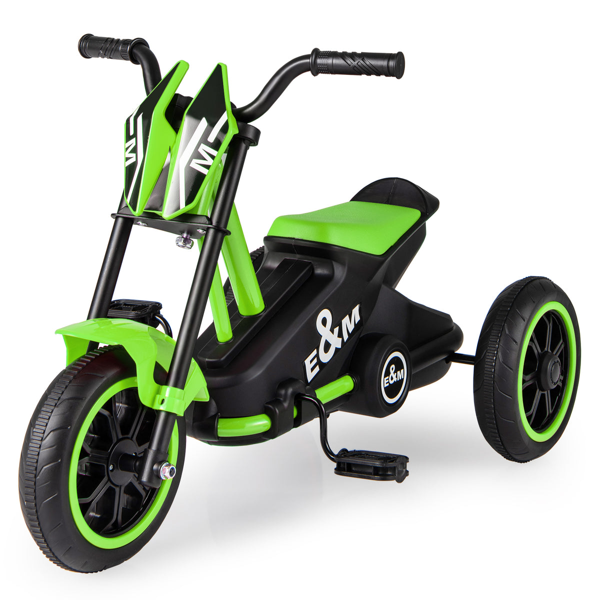 The green and black toddler bike shown from a front three-quarter perspective