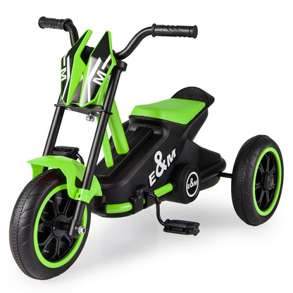 The green and black toddler bike shown from a front three-quarter perspective