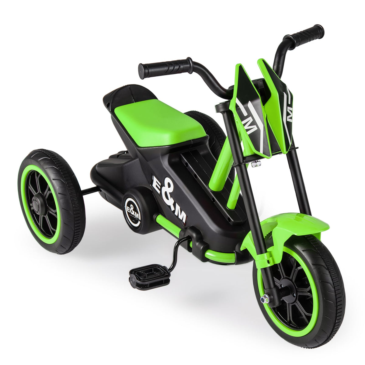 3-Wheel Toddler Bike with Foot Pedals and Steering Handlebars in green and black on white background