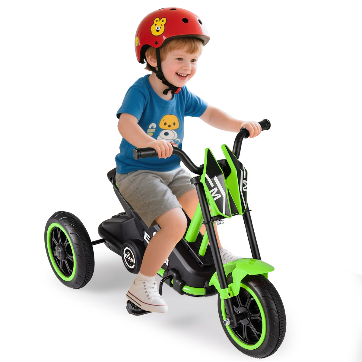 The toddler bike being ridden by a smiling boy wearing a red helmet