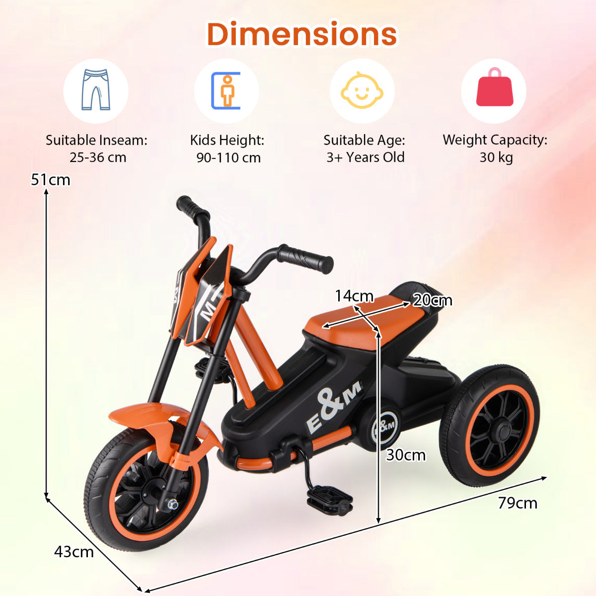 Dimensions diagram showing the orange three-wheel toddler bike with measurements for height and width