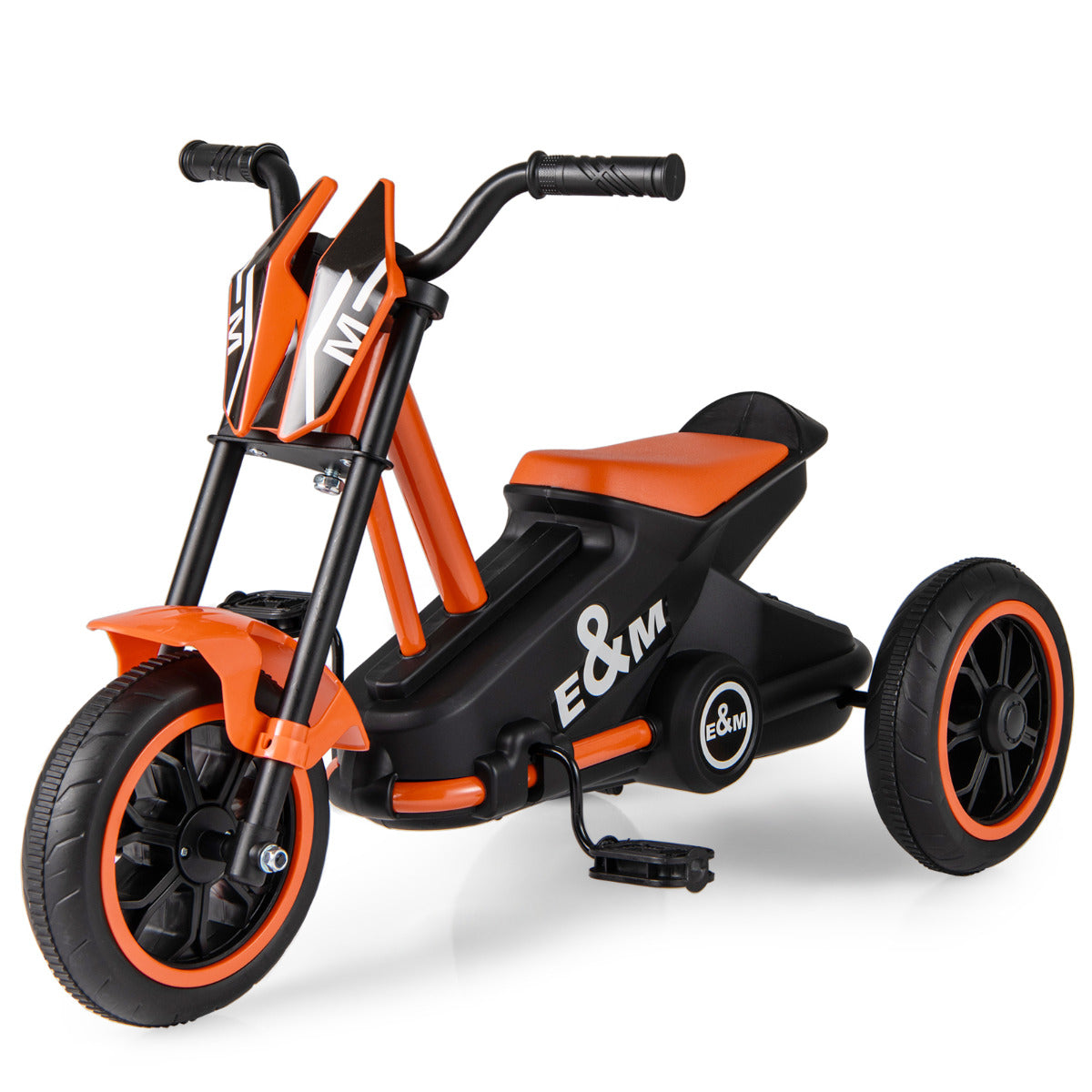 3-Wheel Toddler Bike with Foot Pedals and Steering Handlebars, an orange ride on toy with black handlebars and wheels