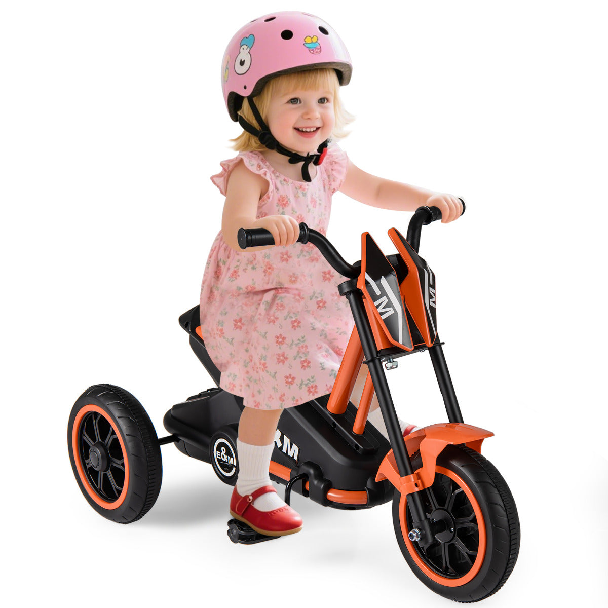 The orange three-wheel toddler bike with foot pedals and steering handlebars