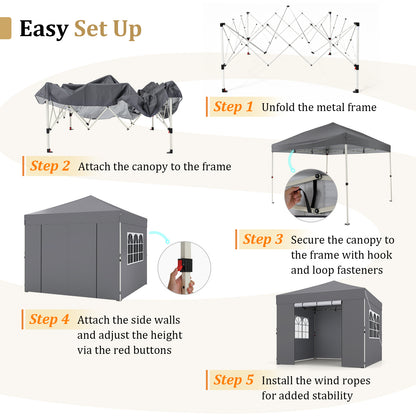 3 x 3 m Pop Up Canopy with 4 Sidewalls and Adjustable Height-Grey