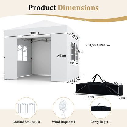 3 x 3 m Pop Up Canopy with 4 Sidewalls and Adjustable Height-White