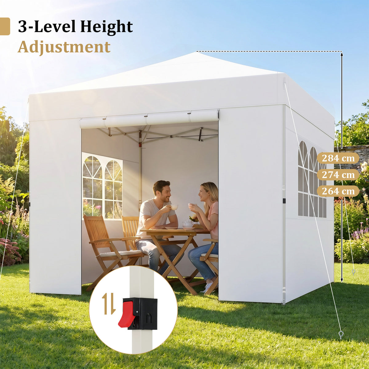 3 x 3 m Pop Up Canopy with 4 Sidewalls and Adjustable Height-White