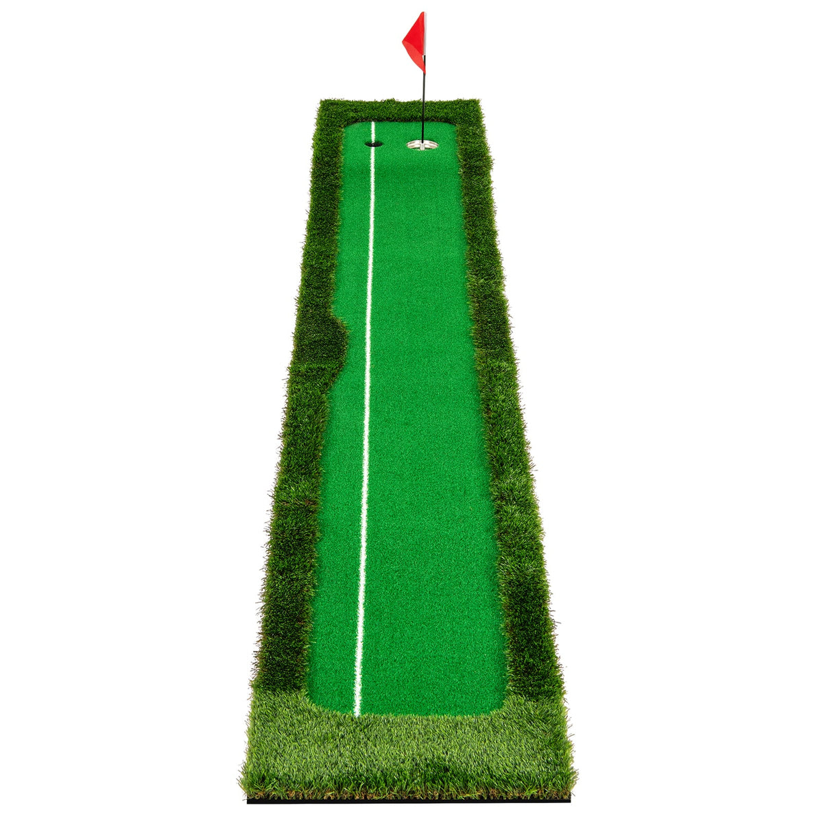 The golf practice mat with artificial grass and a red flag on the hole