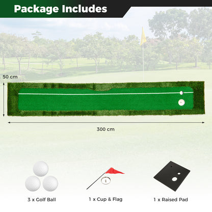 Package includes a golf practice mat, three golf balls, a cup and flag, and a raised pad