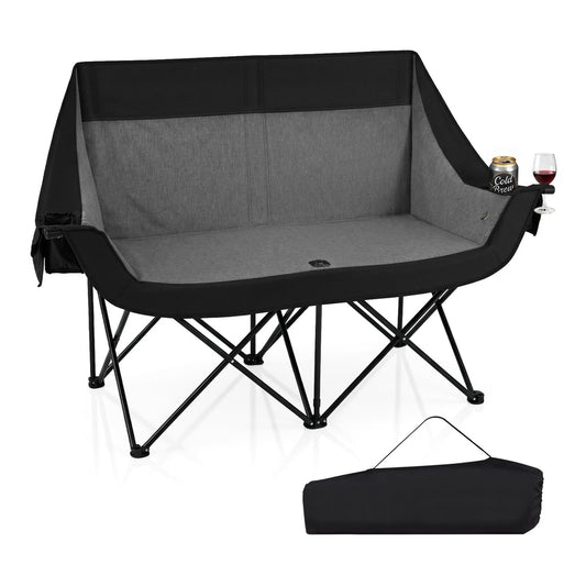 300 kg Heavy Duty Heated Double Camping Chair in black with a carry bag beside it