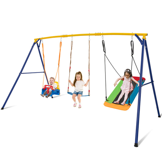 300 kg Indoor Outdoor Swing Set with three different seats and children playing on a white background