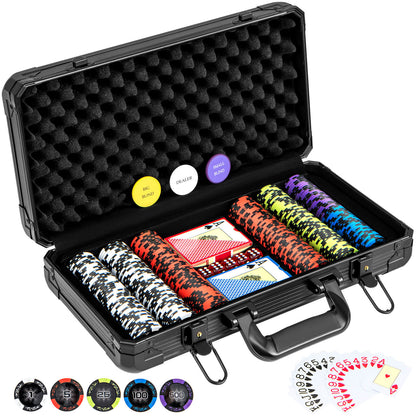 300 Pieces 14 Gram Texas Holdem Poker Chip Set in an open black case with foam lining