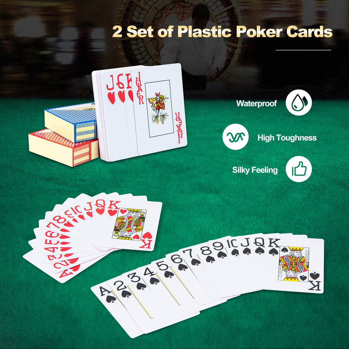 300 Pieces 14 Gram Texas Holdem Poker Chip Set, two decks of playing cards fanned out