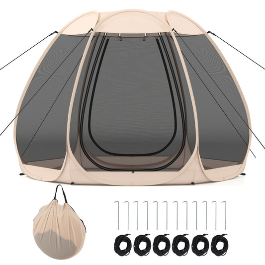 Foldable Outdoor Screened Camping Tent Gazebo-Sand Color set up with poles and guy ropes beside it