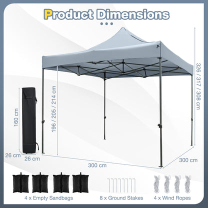 300 x 300 cm Outdoor Pop up Canopy Tent with Wheeled Bag-Grey