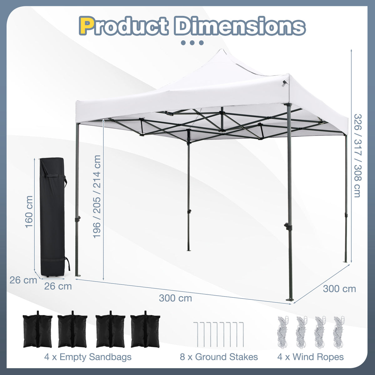 300 x 300 cm Outdoor Pop up Canopy Tent with Wheeled Bag-White
