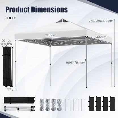 300 x 300 cm Pop up Canopy Tent 1 Person Easy Setup Gazebo Shelter with 1 Button Push-White