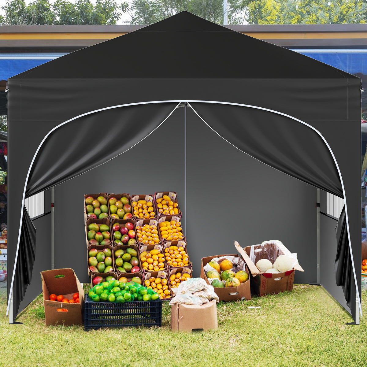300 x 300 cm Pop up Canopy Tent with 4 Removable Sidewall and Wheeled Bag-Black
