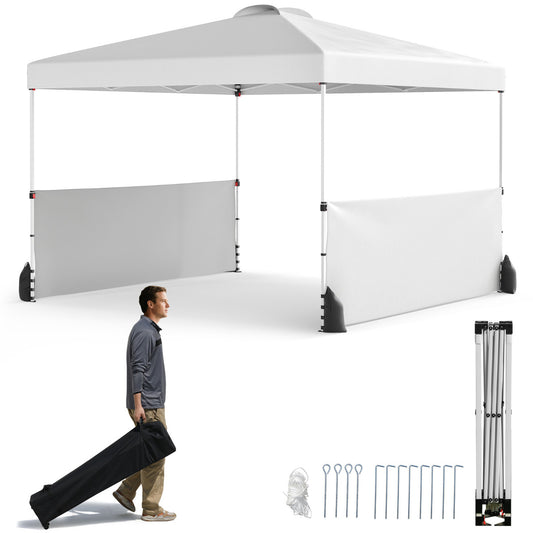 Pop up Canopy Tent with 2 Half Sidewalls, a man carrying a bag next to the white tent