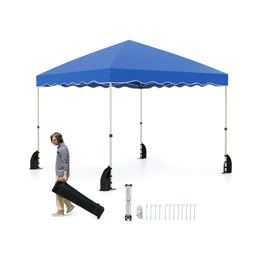Pop up Canopy Tent with Wheeled Bag shown with a man carrying the storage case and accessories