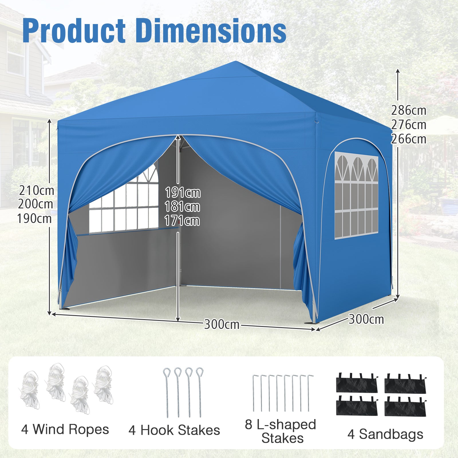 300 x 300 cm Pop up Canopy Tent with 4 Removable Sidewall and Wheeled Bag-Blue