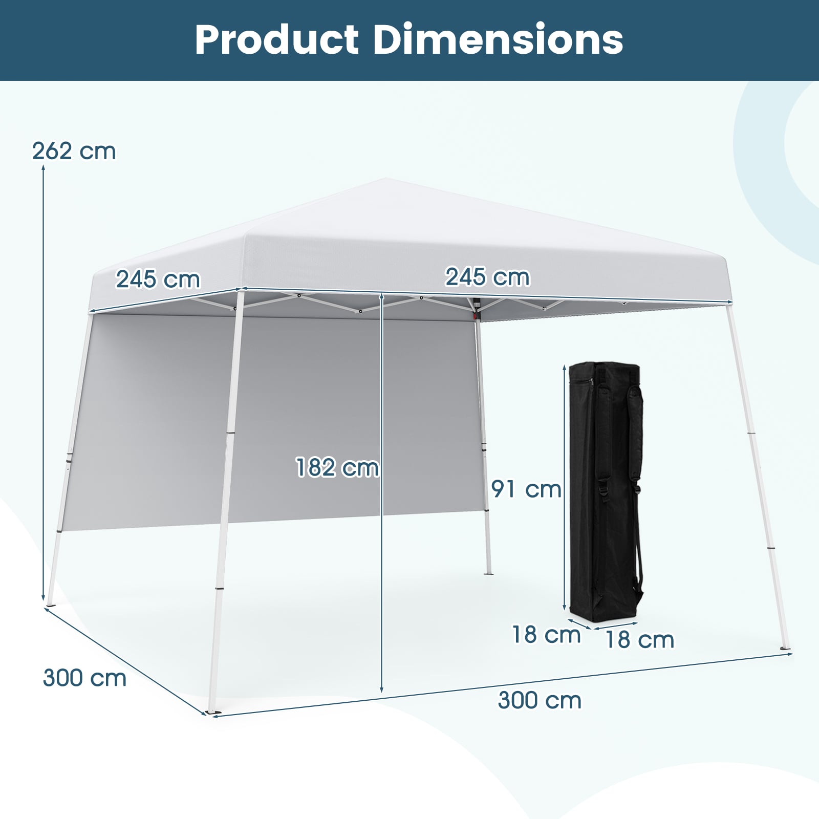 300 x 300 cm Pop up Canopy Tent with 1 Sidewall and Portable Backpack-White