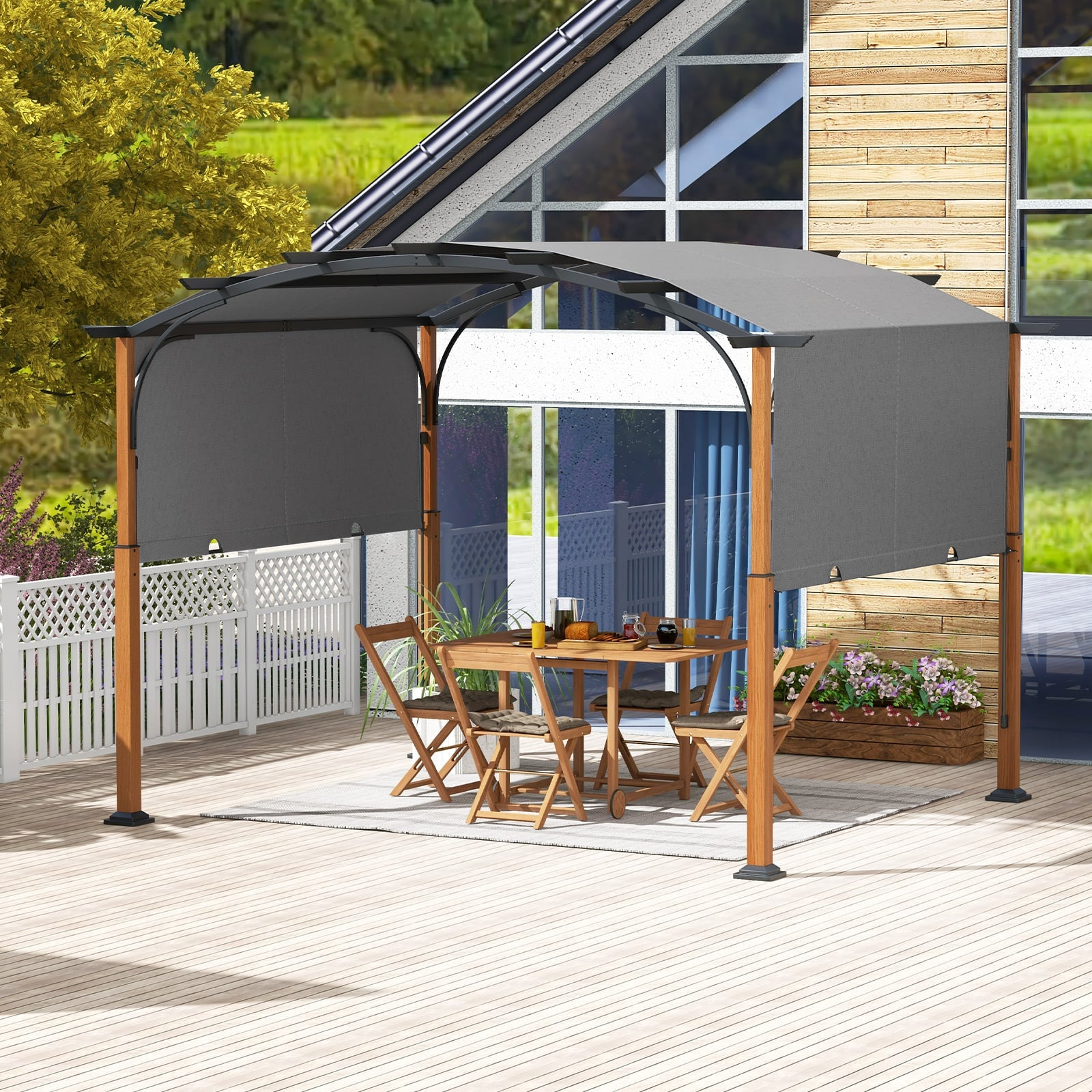 300 x 360 cm Retractable Pergola Arched Patio Pergola with Sun Shade Canopy-Grey