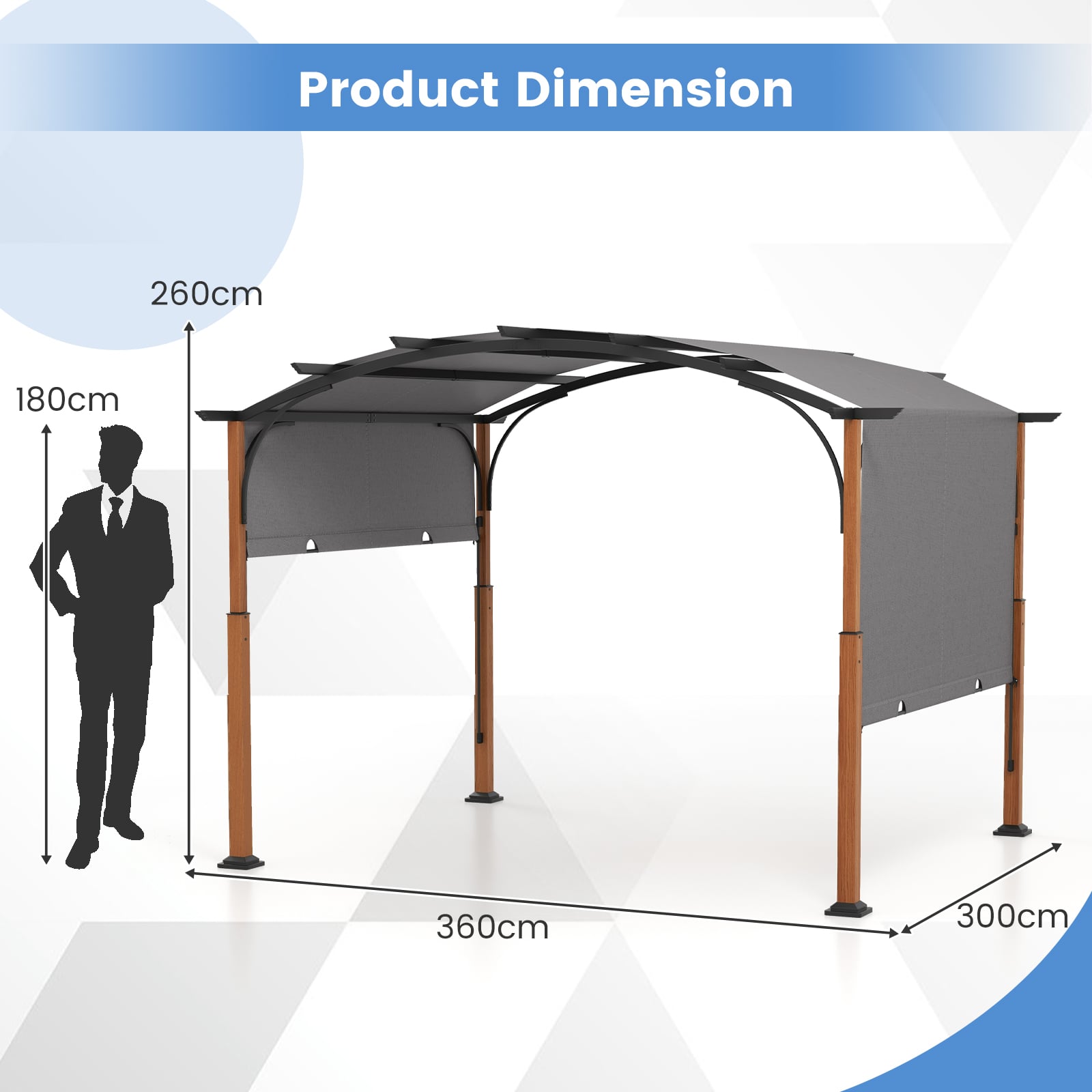 300 x 360 cm Retractable Pergola Arched Patio Pergola with Sun Shade Canopy-Grey