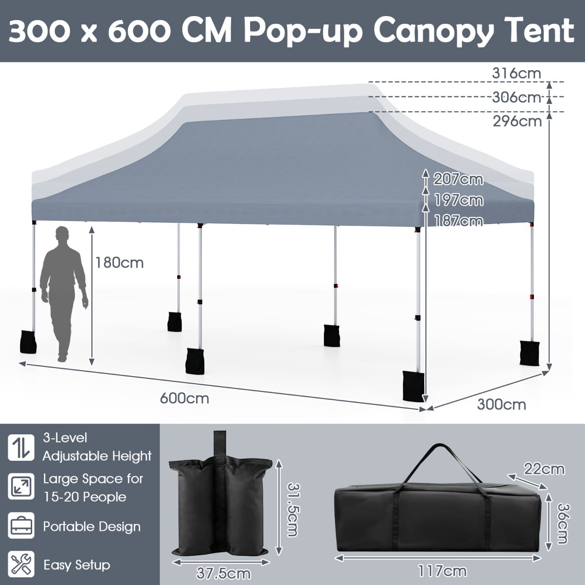 300 x 600 cm Pop up Canopy Tent with Carry Bag and 6 Sandbags-Grey