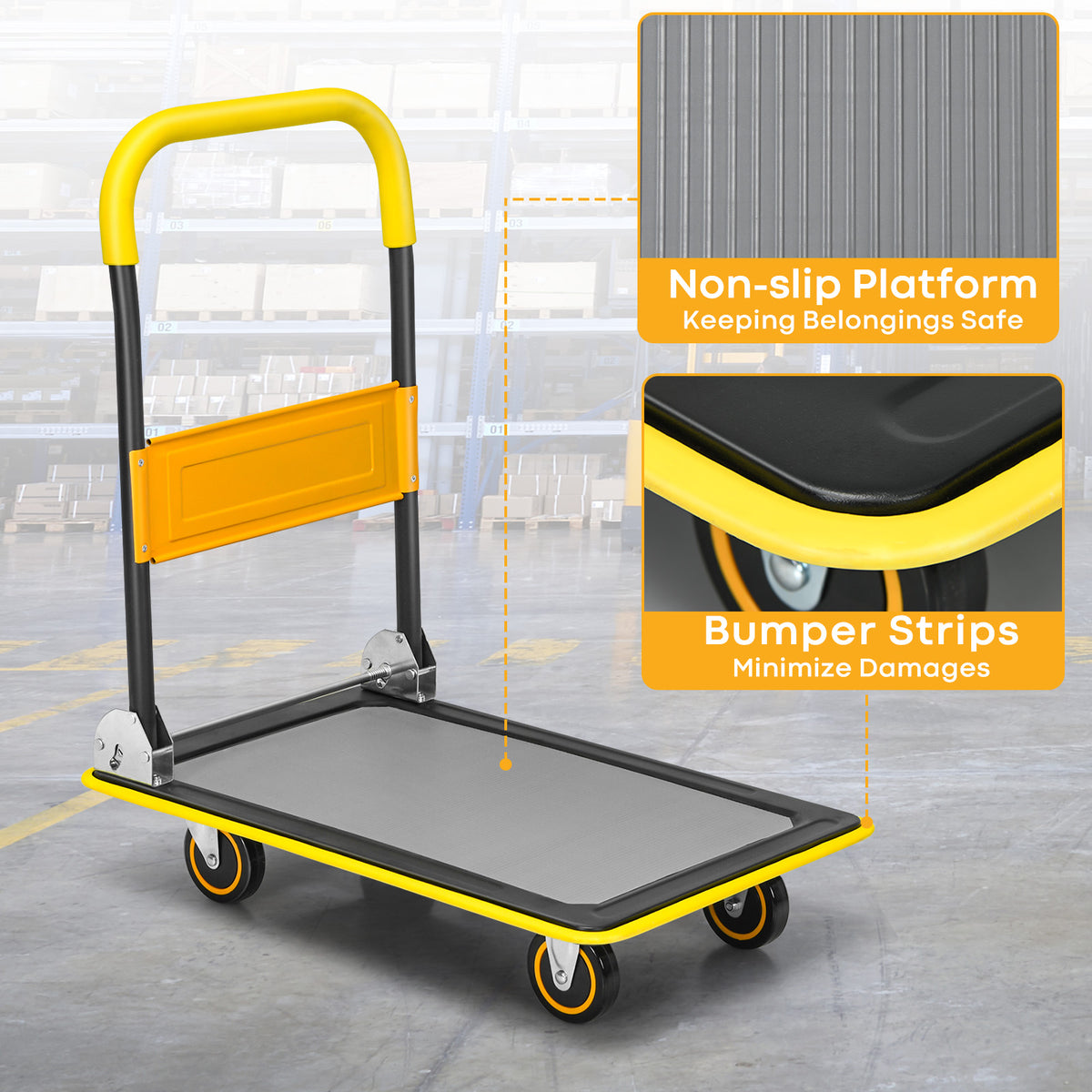 The push cart with callouts highlighting the non-slip platform surface and protective bumpers