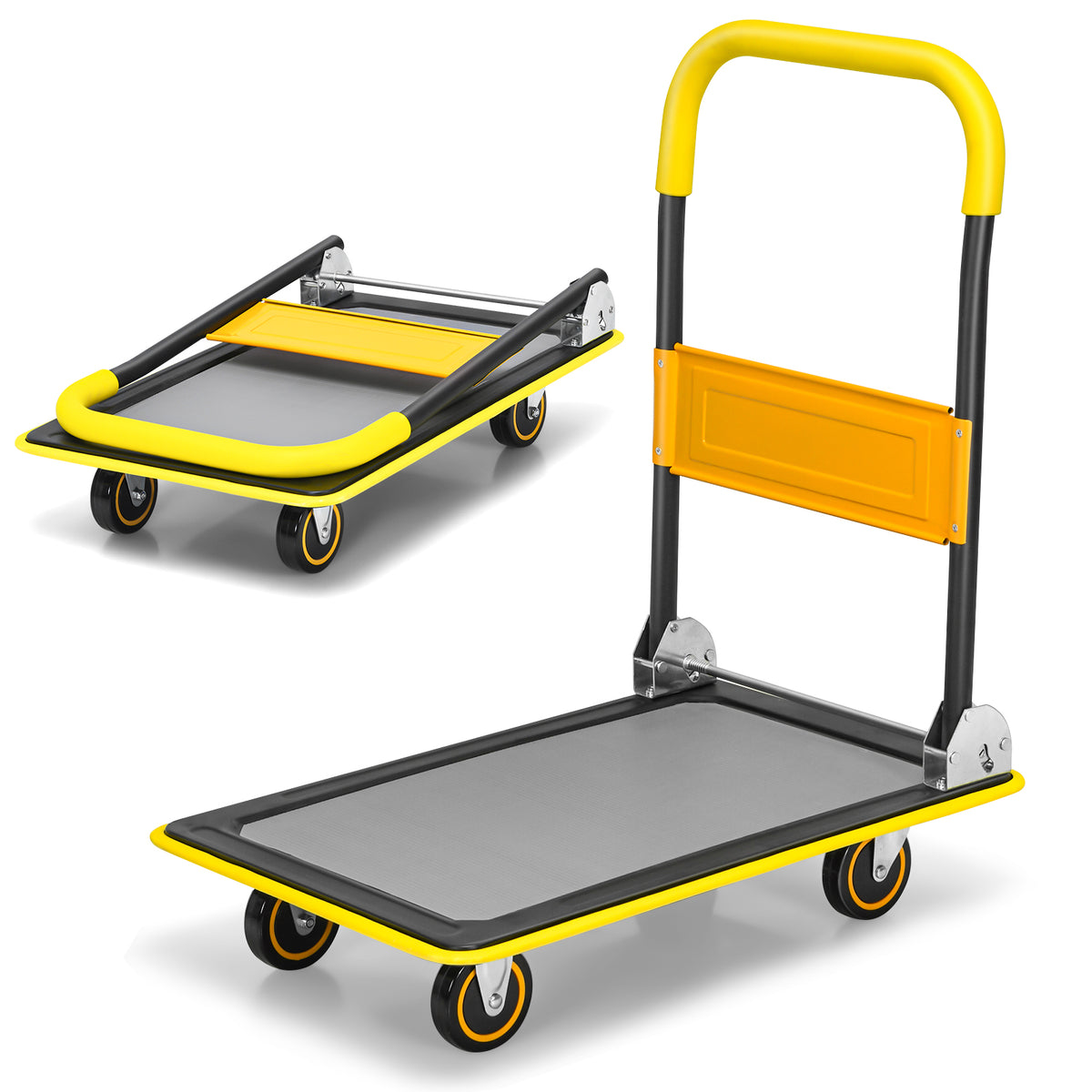 The push cart shown in both its upright position and its folded flat storage configuration