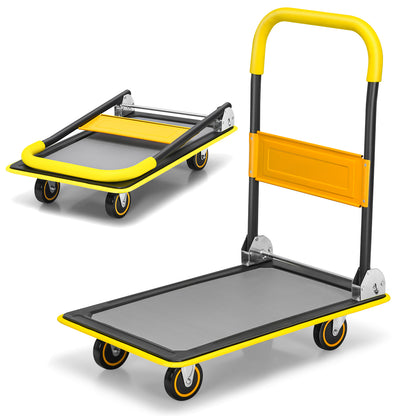 The push cart shown in both its upright position and its folded flat storage configuration
