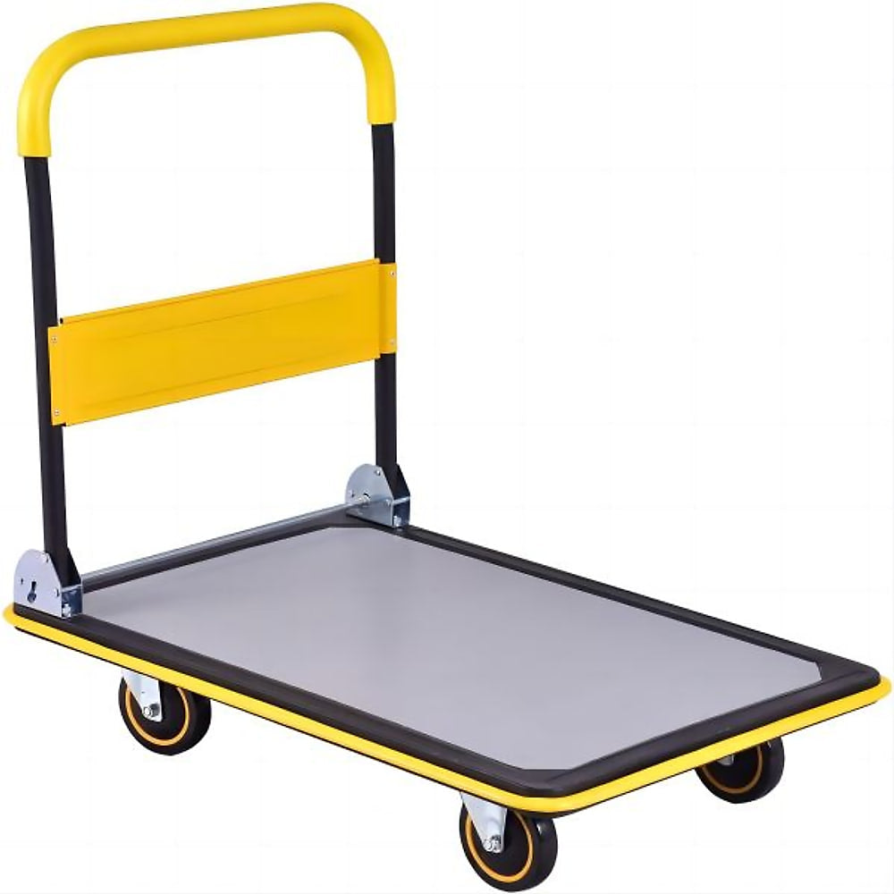 300kg Folding Push Cart Dolly with a yellow handle and grey platform on four black wheels