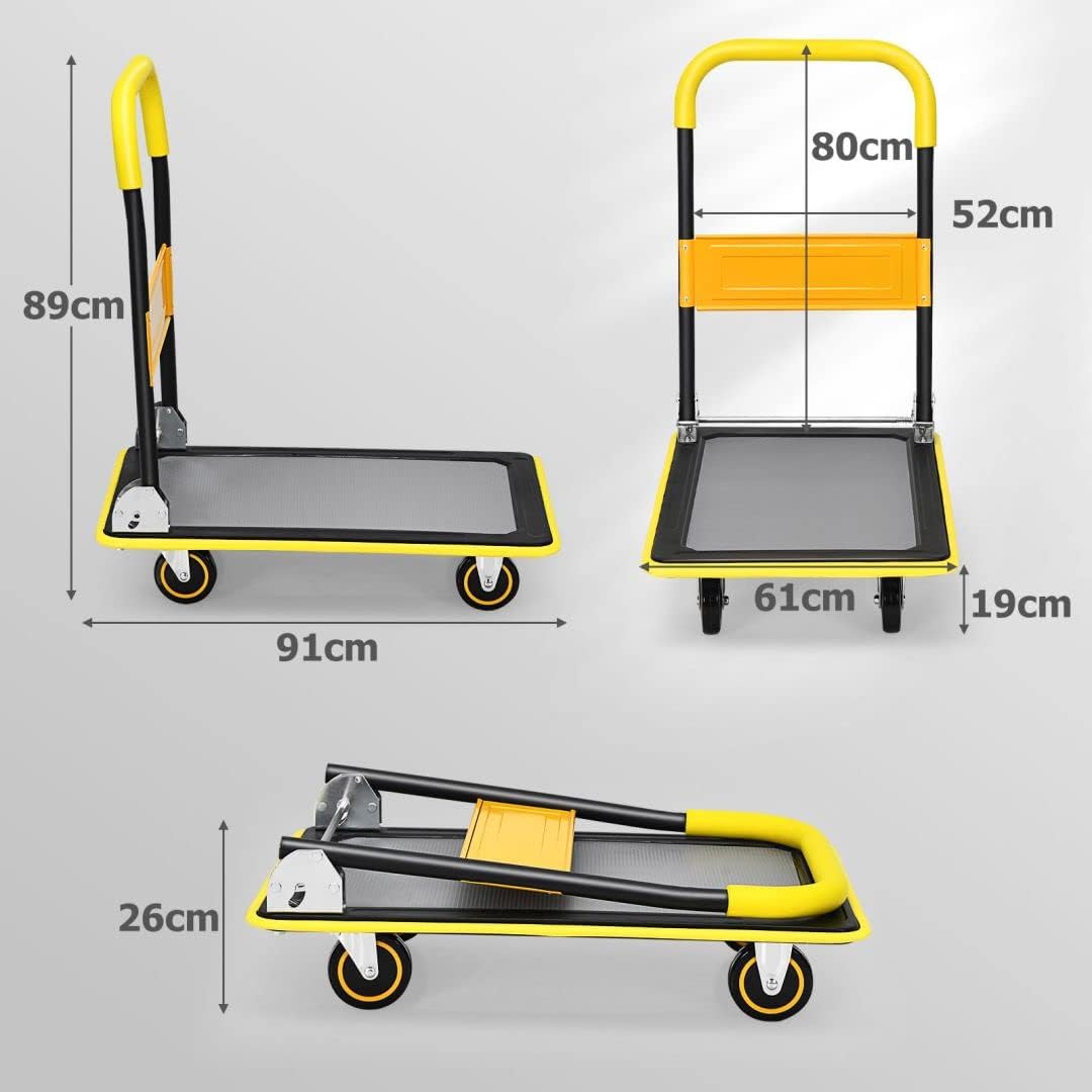 The push cart with technical lines showing dimensions for the upright and folded states