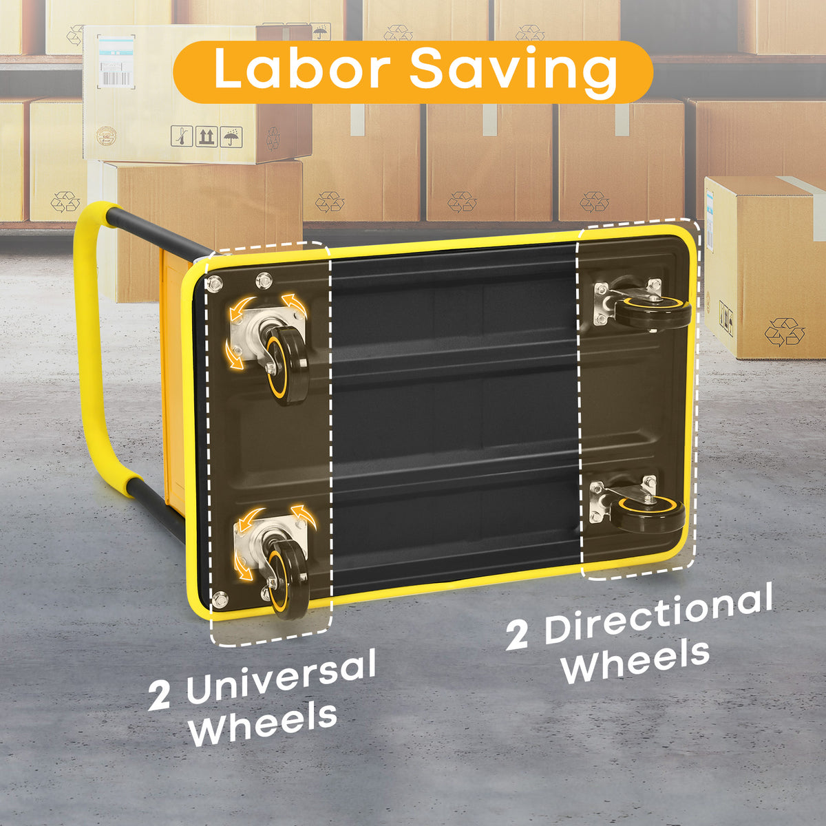 The push cart turned upside down to show the two universal and two directional wheel mounts